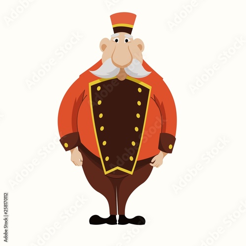 a doorman in a red uniform and gray mustache standing