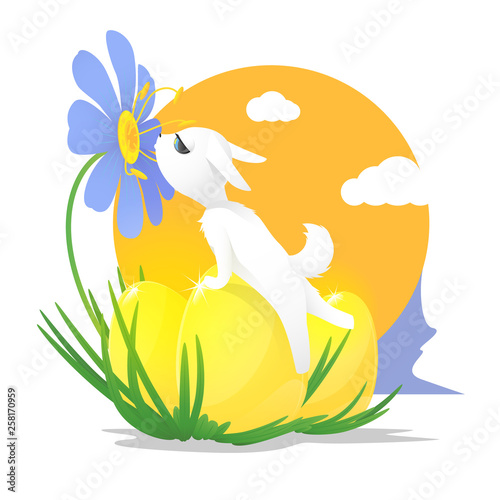 Vector illustration of a white rabbit and three eggs for Easter.