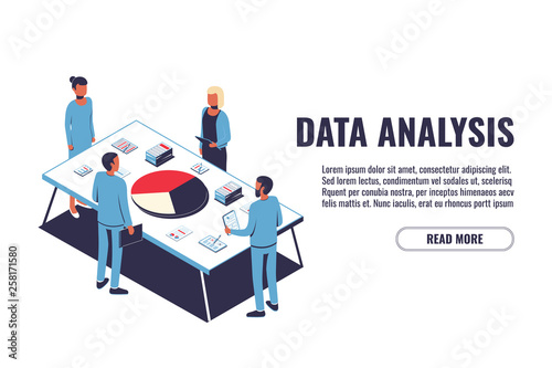 Data Analysis concept and project management, financial analysis, business strategy, teamwork, audit. Isometric men and women work together. Vector illustration isolated on white background.