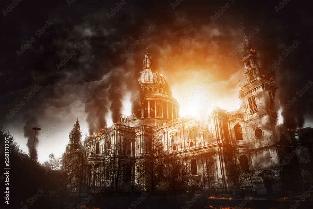 Catholic church building on fire concept