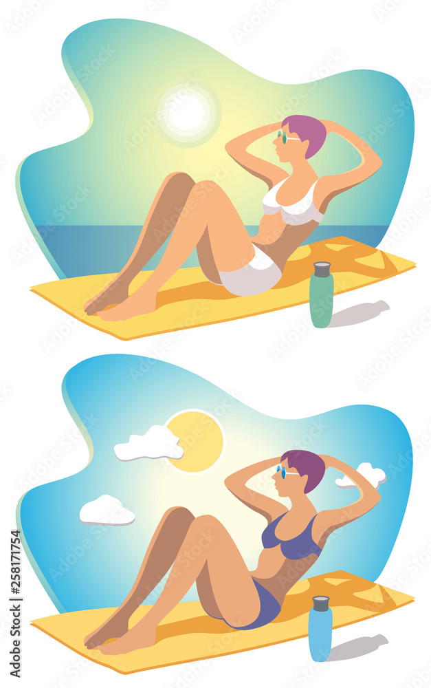 Summer Sunbathing and Exercise at Beach Summer Sunbathing and Exercise at Beach