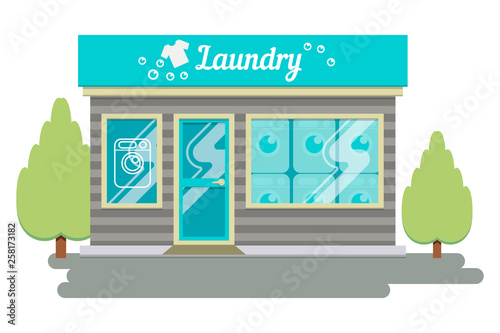 Facade laundry. Signboard with emblem, awning and symbol in windows. Concept front shop for design banner or brochure. Abstract image in a flat. Vector illustration isolated on white background