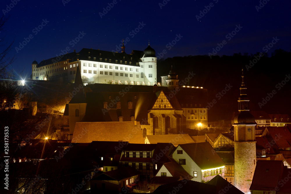 Stolberg, Harz in Germany with view to the castle and old town by night