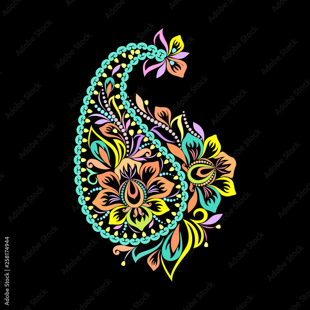 Paisley - colorful floral folk art pattern. Traditional ethnic ornament. Object isolated on black background. Vector print.