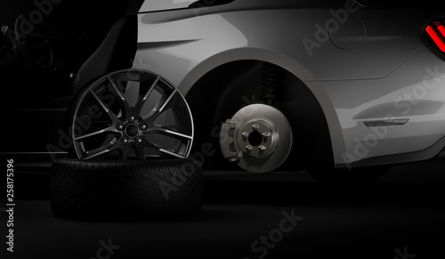 Expensive luxury sports car coupe tire repair on tire service. Repair a puncture wheel. 3d render