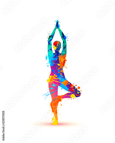 Yoga asana vrikshasana. Tree pose. Splash paint