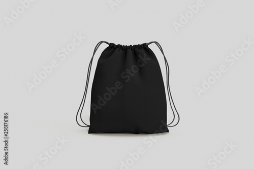 Black Drawstring Pack template Mock up of Bag.Canvas Bag with drawstring. 3D rendering.
