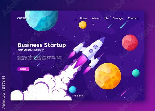 Fototapeta Naklejka Na Ścianę i Meble -  Website landing home page with rocket. Business project startup and development modern flat background. Mobile web design template. Space travel on a rocketship. Vector illustration.