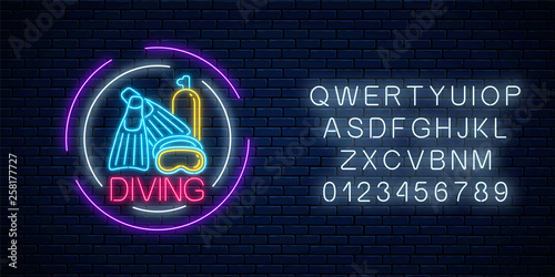 Glowing neon sign of diving beach club with flipers, mask and balloon symbols in circle frames with alphabet