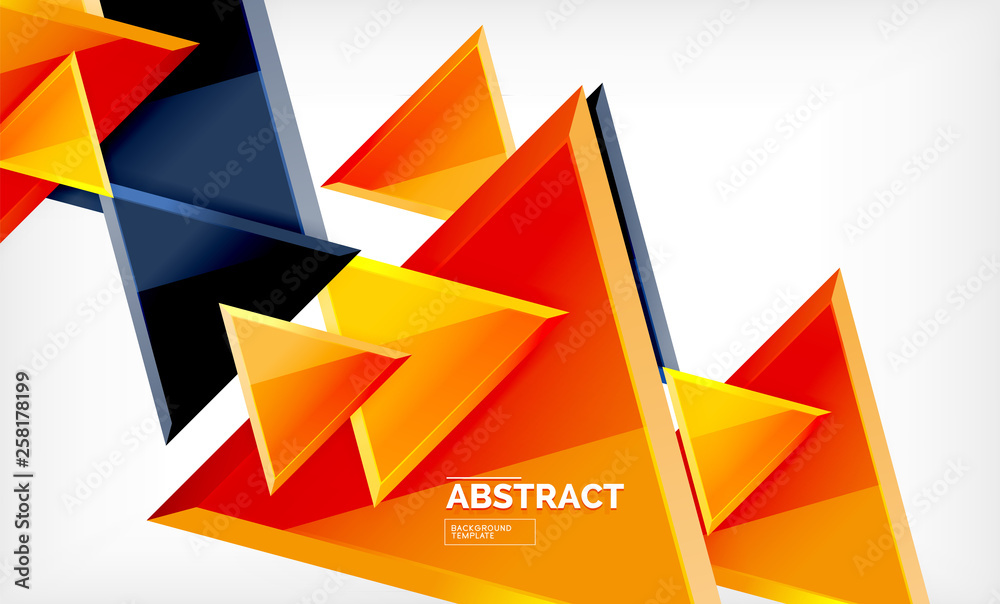 Triangles repetiton geometric abstract background, multicolored glossy triangular shapes, hi-tech poster cover design or web presentation template with copy space Triangles repetiton geometric abstract background, multicolored glossy triangular shapes, hi-tech poster cover design or web presentation template with copy space