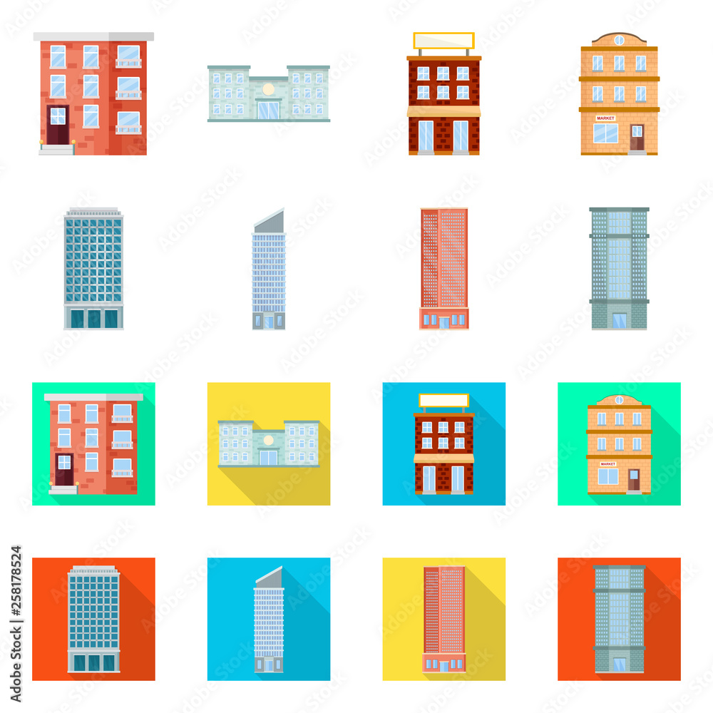 Vector illustration of municipal and center icon. Set of municipal and estate vector icon for stock. Vector illustration of municipal and center icon. Set of municipal and estate vector icon for stock.