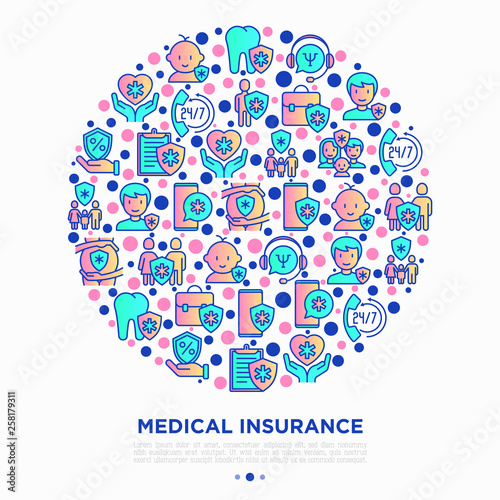 Medical insurance concept in circle thin line icons: policy, life insurance, psychological support, maternity program, 24/7 support, mobile app, telemedicine. Modern vector illustration.