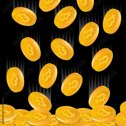 Falling gold bitcoins cartoon frame. A rain of the flying gold of bitcoins in the form of a frame in a cartoon style. Falling gold pieces in the form of vector illustrations