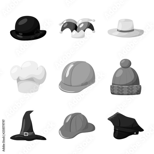 Vector illustration of hat and helmet symbol. Set of hat and profession stock vector illustration.