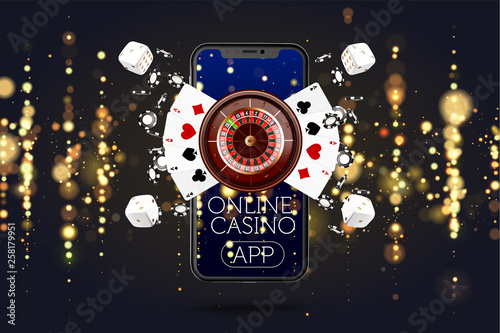 Online mobile casino app. Poker gambling app. Casino vector game background with cards and phone.