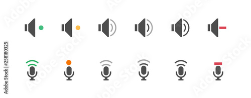 Volume control, sound controlling, down, up, mute, off icons, vector illustration symbols set, collection. Microphone control buttons, icons.