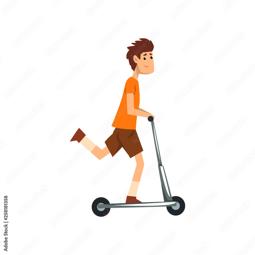Young man riding kick scooter, sport and physical activity concept vector Illustration on a white background Young man riding kick scooter, sport and physical activity concept vector Illustration on a white background