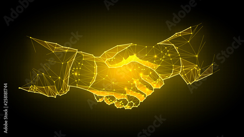Abstract virtual Hand shake the circle interface on green cyberspace background with low-poly, polygon and triangle. Wireframe light connection structure vector