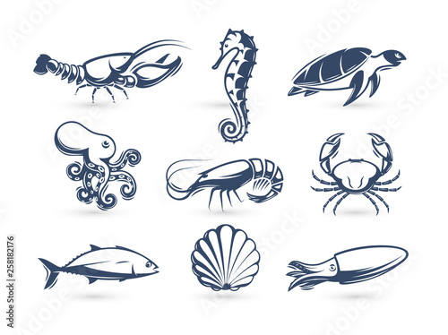 Underwater world vector icon collection. Engraving silhouette modern style. Lobster, turtle, crab, seahorse, shrimp, octopus, tuna, squid, shell icons. Vector illustrations for on blank background.