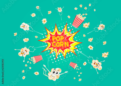 Exsploding popcorn. Cartoon happy cute popcorn character for fastfood design. Popcorn vector illustration