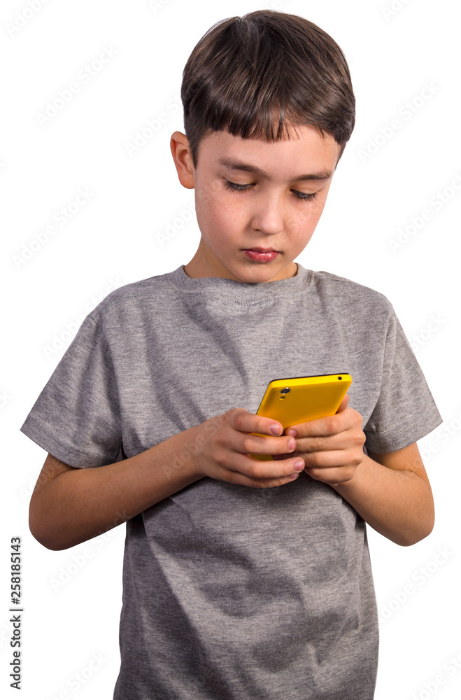 Cute smart boy with smartphone on white background Cute smart boy with smartphone on white background