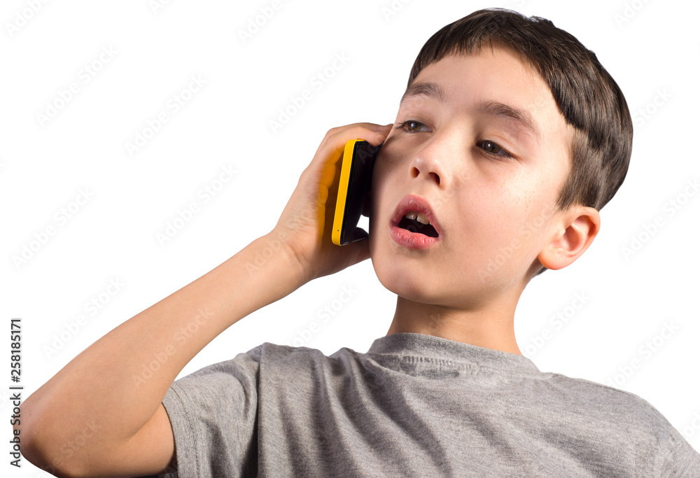 Cute smart boy with smartphone on white background Cute smart boy with smartphone on white background