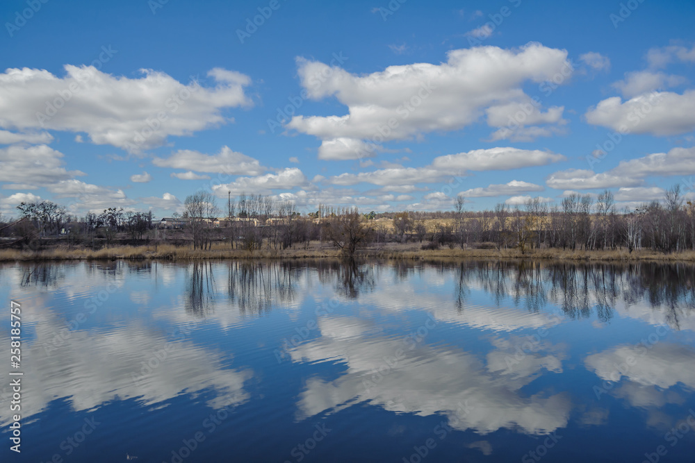 Trees with spring sky and clouds in the reflection of water.