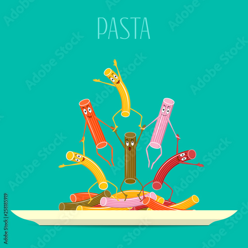 Pasta colored on a plate vector. Funny, cartoon pasta on a plate. Cartoon characters smiling and laughing. Funny italian pasta, food vector
