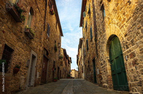 Narrow street in medieval village of San Donato in Poggio in the municipality of Tavarnelle Val di Pesa in Tuscany, Italy