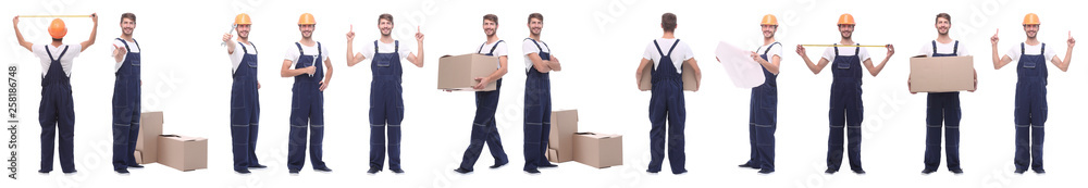 panoramic collage of skilled handyman isolated on white panoramic collage of skilled handyman isolated on white
