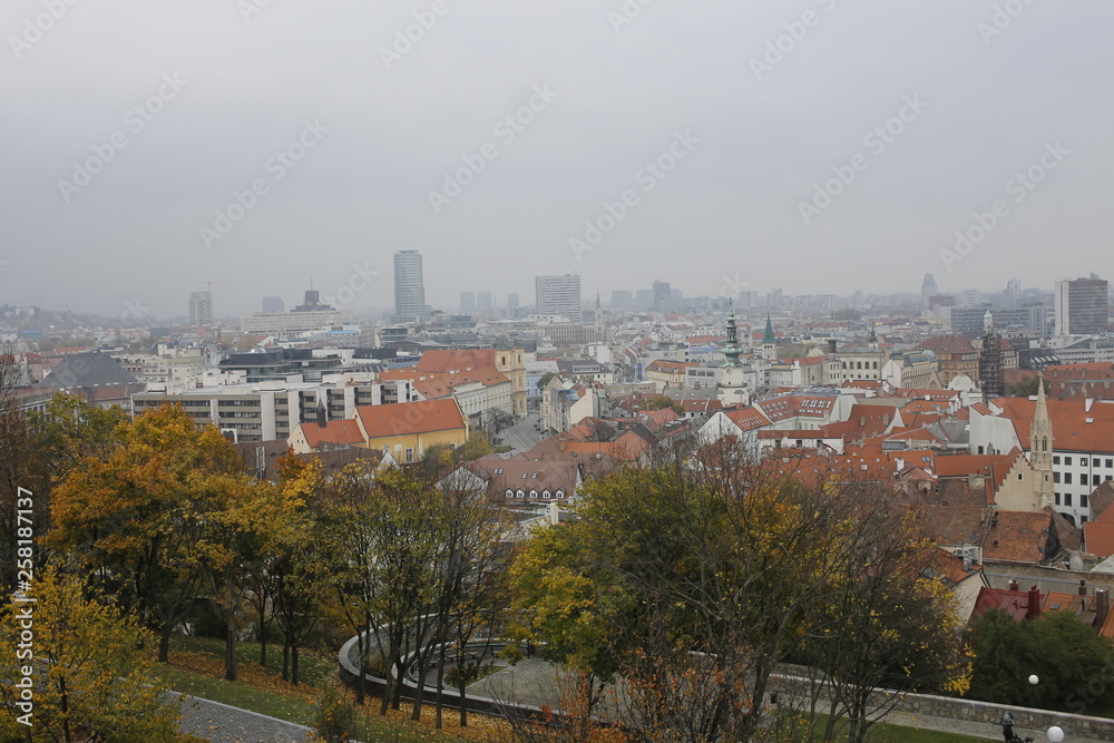 Panoramic view of Bratislava city, capital of Slovakia, with St Martin's church dome dominant in shot. View from the Bratislava castle.
