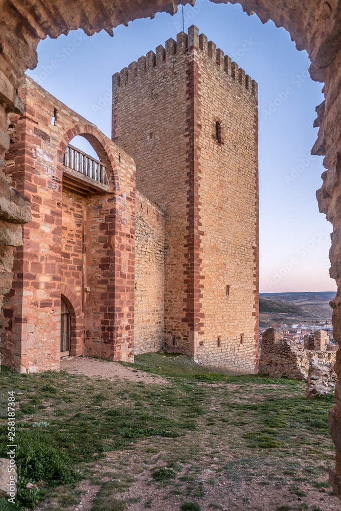 Molina de Aragon classic medieval Spanish ruined castle aerial panorama view at sunset close to Guadalajara Spain
