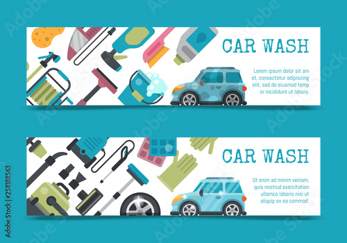 Car wash banner water transport cleaner background vector illustration. Washer car shower washing service auto vehicle cleaner station. Transportation care business concept.