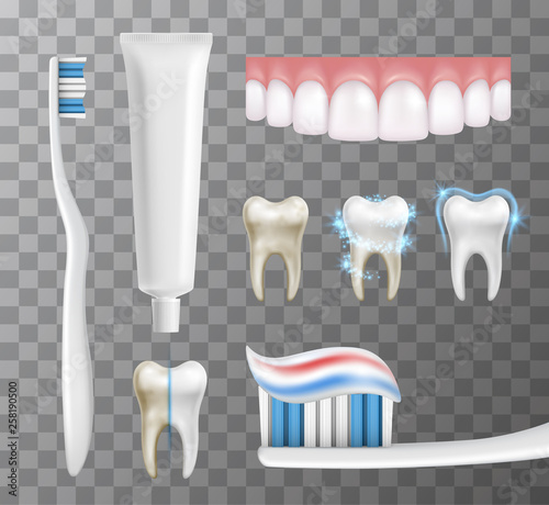 Vector collection of dentistry related objects - teeth, toothbrush, toothpaste in tube and process of whitening on transparent background