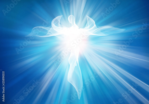 Photo Modern abstract white angel in sky with bright light rays