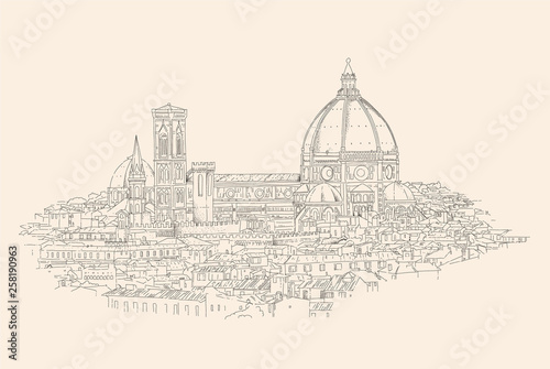 Florence, Italy cityscape with Dome and old quarters. Hand drawn sketch vector illustration.