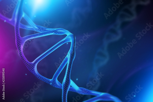 Creative background, dna structure, DNA molecule on a blue background, ultraviolet. 3d render, 3d illustration. The concept of medicine, research, experiments, experiment, virus, disease.