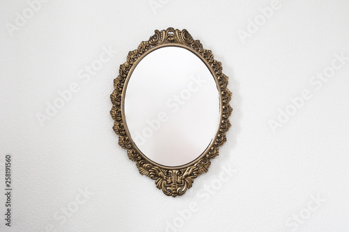 Canvastavla Golden antique mirror on white wall background texture