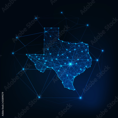 Texas state USA map glowing silhouette outline made of stars lines dots, low polygonal shapes.