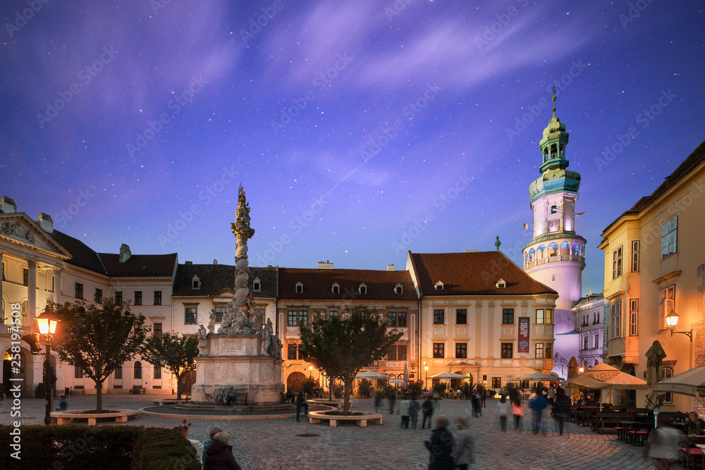 Historic gmain square of Sopron, Hungary with the city hall and the Fire tower