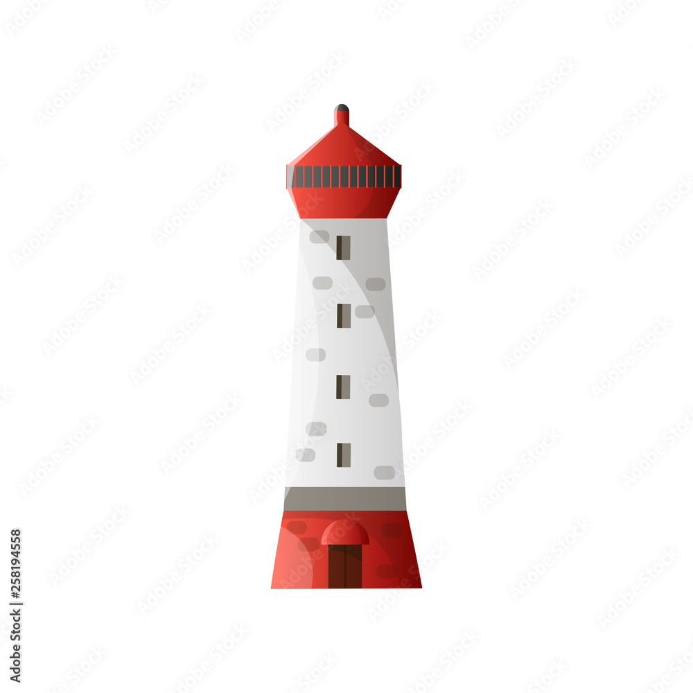 White lighthouse with shadow, red roof and foundation in flat design isolated on white background