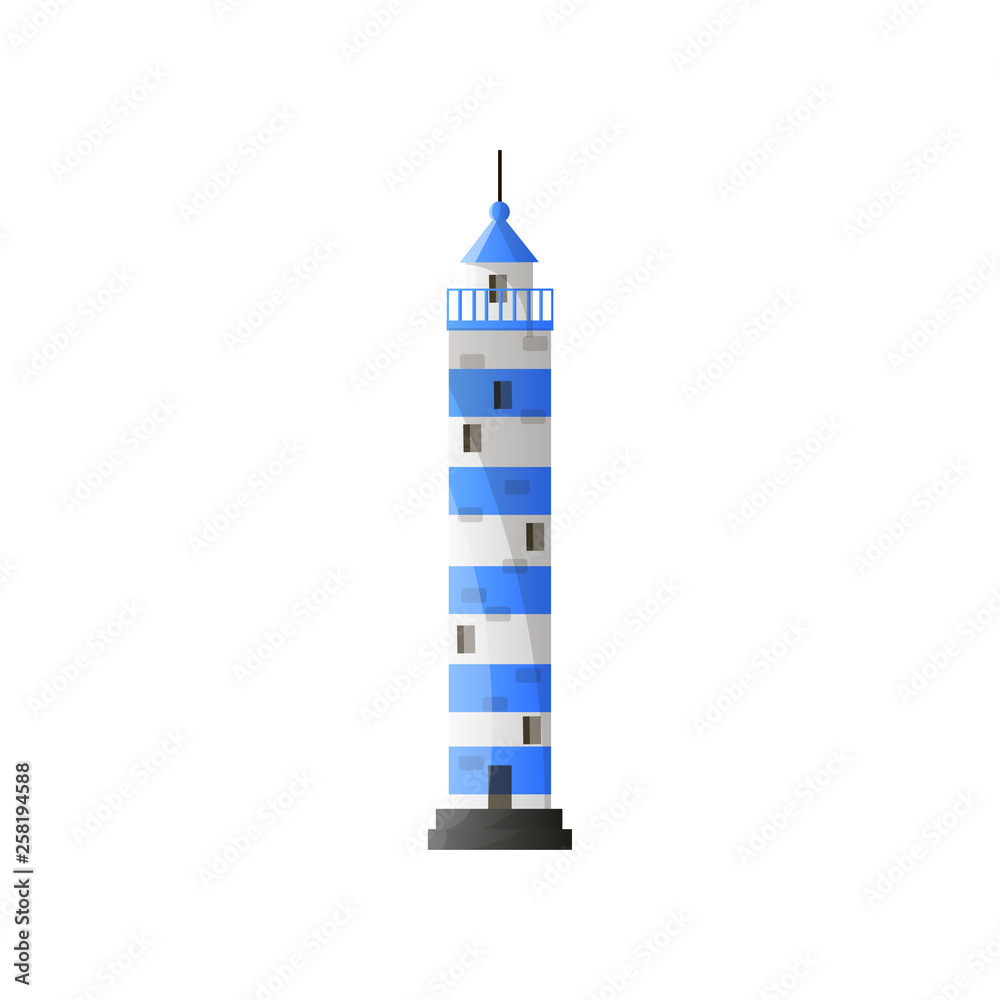 White lighthouse in blue stripes with shadow in flat design isolated on white background
