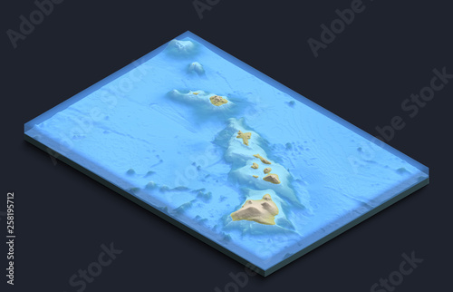 Isometric 3D map of Hawaii Islands with underwater structure. Large volcanos.