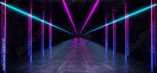 Virtual Reality Neon Glowing Sci Fi Futuristic Spaceship Dark Empty Tunnel Corridor Fluorescent Vibrant Purple Blue Grunge Concrete Reflective Track Underground Garage 3D Rendering