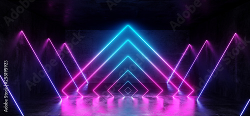 Dark Empty Virtual Vibrant Fluorescent Neon Glowing Purple Blue Triangle Line Shaped Gate Stage Laser Lights Reflection Grunge Concrete Room Rough Texture 3D Rendering