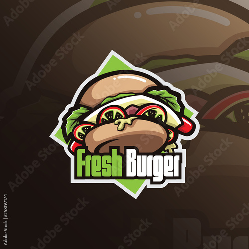 burger mascot logo design vector with modern illustration concept style for badge, emblem and tshirt printing. fresh burger illustration for resto and cafe.