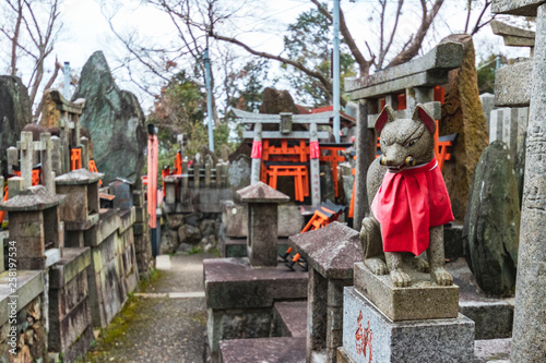 Fox altar and Torii Gates in Fushimi Inari-taisha shrine, Kyoto, Japan