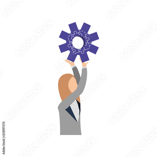 businesswoman with puzzle pieces in shape pinion