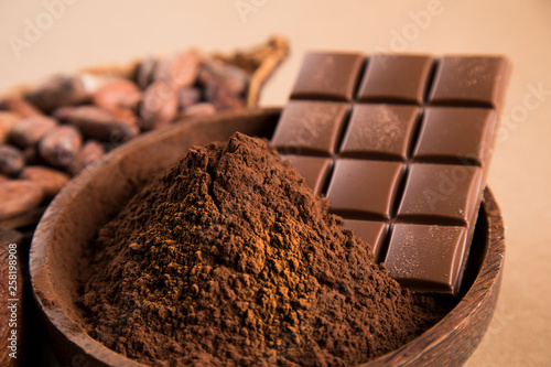 Chocolate bar, candy sweet, cacao beans and powder