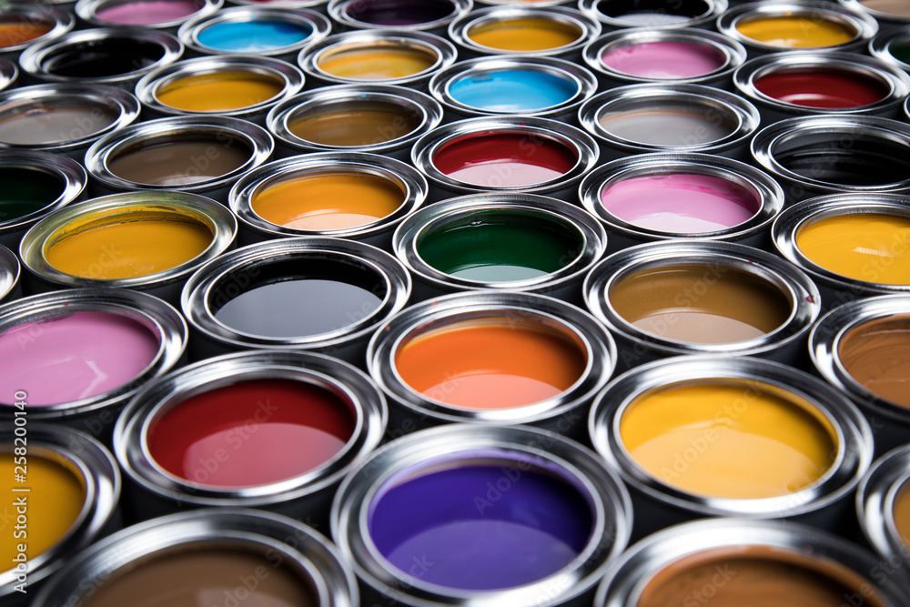Fototapeta premium Group of tin metal cans with color paint